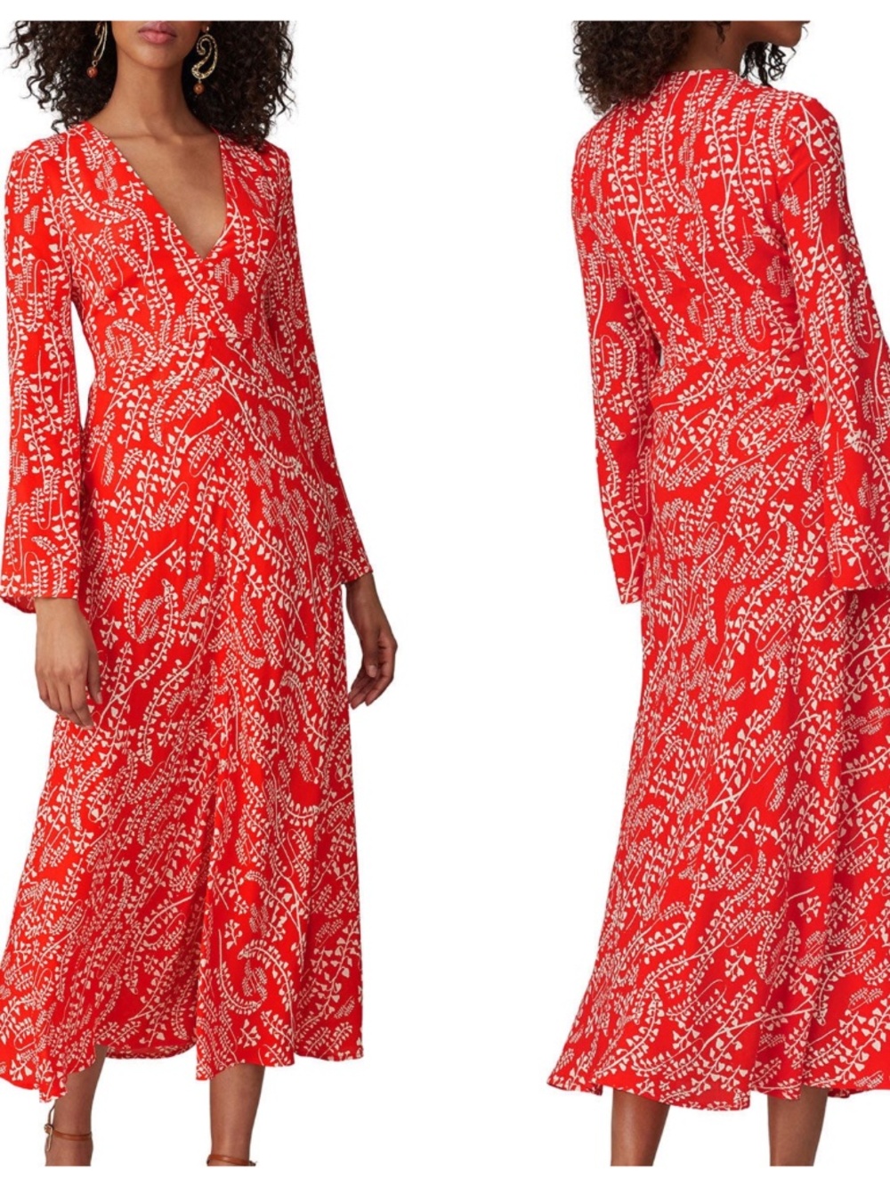 RIXO London Sonja Tree Roots Red Orange Silk Blend Long Sleeve Dress - XS